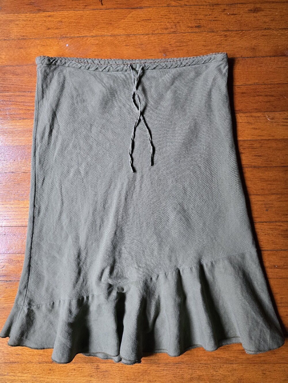 Vintage 90s Linen Skirt Knee Length Moss Gray Green Drawstring Waist 100% Linen